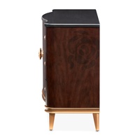 Commode sur mesure en noyer brun brillant avec design camélia, plateau en marbre, étagères réglables, console de rangement