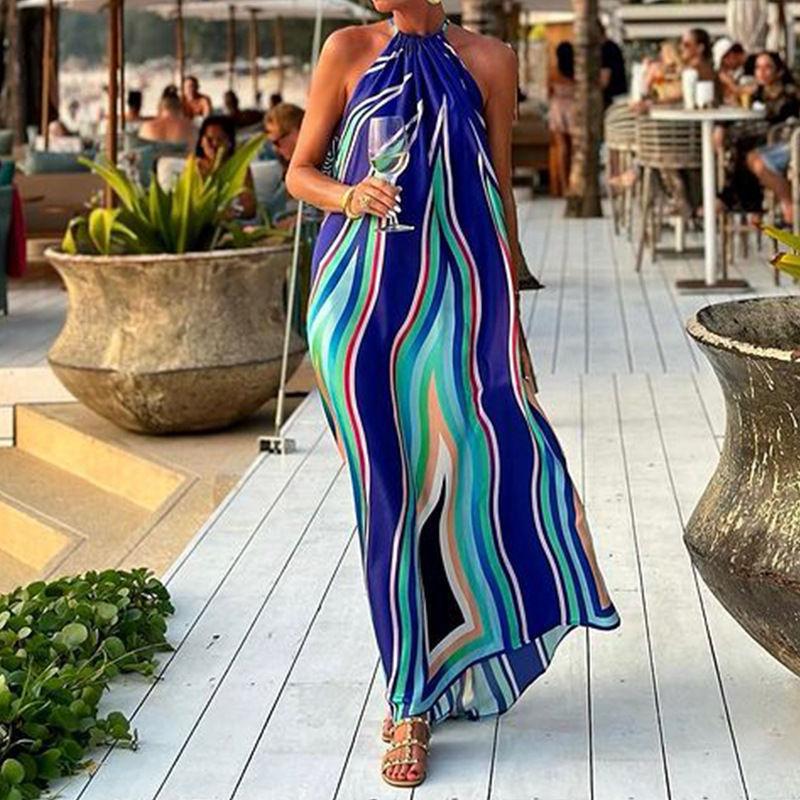 Striped Printed Halter Boho Dress Loose Summer Maxi Dresses Women|  Alibaba.com