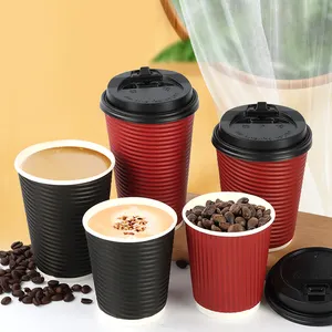 Biodegradable 12oz Paper Coffee Cups Set With Lids Hot Drinks Single Ripple Double Wall Disposable Paper Coffee Cup