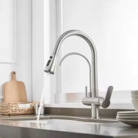Robinet pulvérisateur moderne à double poignée en laiton poli Meybert, avec cartouche céramique, monotrou, à poser sur le plan, pour salle de bain d'hôtel
