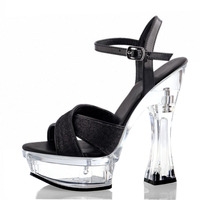 Nouvelles sandales à plateforme à talon épais et paillettes, 14 cm, bout ouvert, pour podium, danse sur barre, taille 46, mode, danseuse exotique, sexy, fétiche