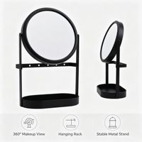 Miroir de courtoisie rond personnalisé avec plateau de présentation pour boucles d'oreilles, socle en métal noir mat, miroir cosmétique en gros