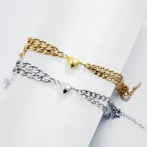 Romantische 18K Gold Verzilverd 316L Rvs Cubaanse Ketting Charm Hart Magnetische Paar Armband Sieraden Voor Vrouwen Mannen