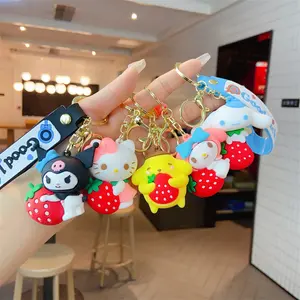 3D Cartoon Lovely Kitty Melody Kuromi Strawberry Cinnamoroll Keychain PVC Anti-lost Keyring Bag Car Key Decoration Lucky Pendent