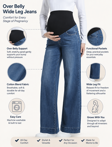 Vêtements de maternité de couleur personnalisée, jeans à jambes larges doux pour la peau, pour femmes enceintes, pantalons en denim amples à porter par-dessus le ventre - Product Image 3