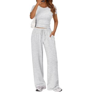 FOXA Women's 2 Piece <b>Lounge</b> Set Short Sleeve Top Wide Leg Pants With Pockets Breathable Cotton Knitted Summer Outfit - Product Image 1