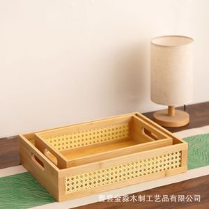 Rectangular solid wood <b>storage</b> <b>basket</b> with rattan openwork design, entryway <b>storage</b> box, solid wood openwork <b>storage</b> <b>basket</b> for - Product Image 1