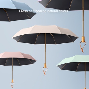 Paraguas Manual Plegable de Tres Pliegues con Protección Solar UV, Color Negro Sólido, Doble Uso para Sol y Lluvia, Mango de Madera Sólida para Mujer - Product Image 3