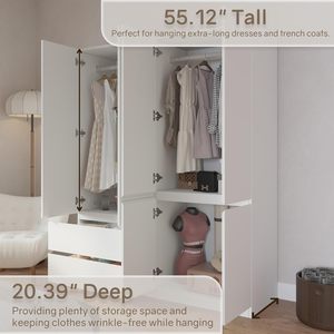 Tủ quần áo có ngăn kéo và cửa ra vào, tủ quần áo bằng gỗ phòng ngủ màu trắng có kệ và thanh treo - Product Image 4