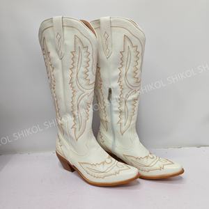 أحذية عالية للركبة من SHIKOL أحذية نسائية كلاسيكية مطرزة أحذية غربية بني من الجلد الأبيض لحفلات الزفاف في الهواء الطلق أحذية رعاة البقر للنساء - Product Image 5