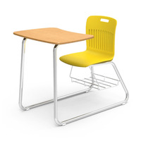 Ensemble de mobilier scolaire universitaire de style américain : bureau et chaise avec base à patins et étagère à livres