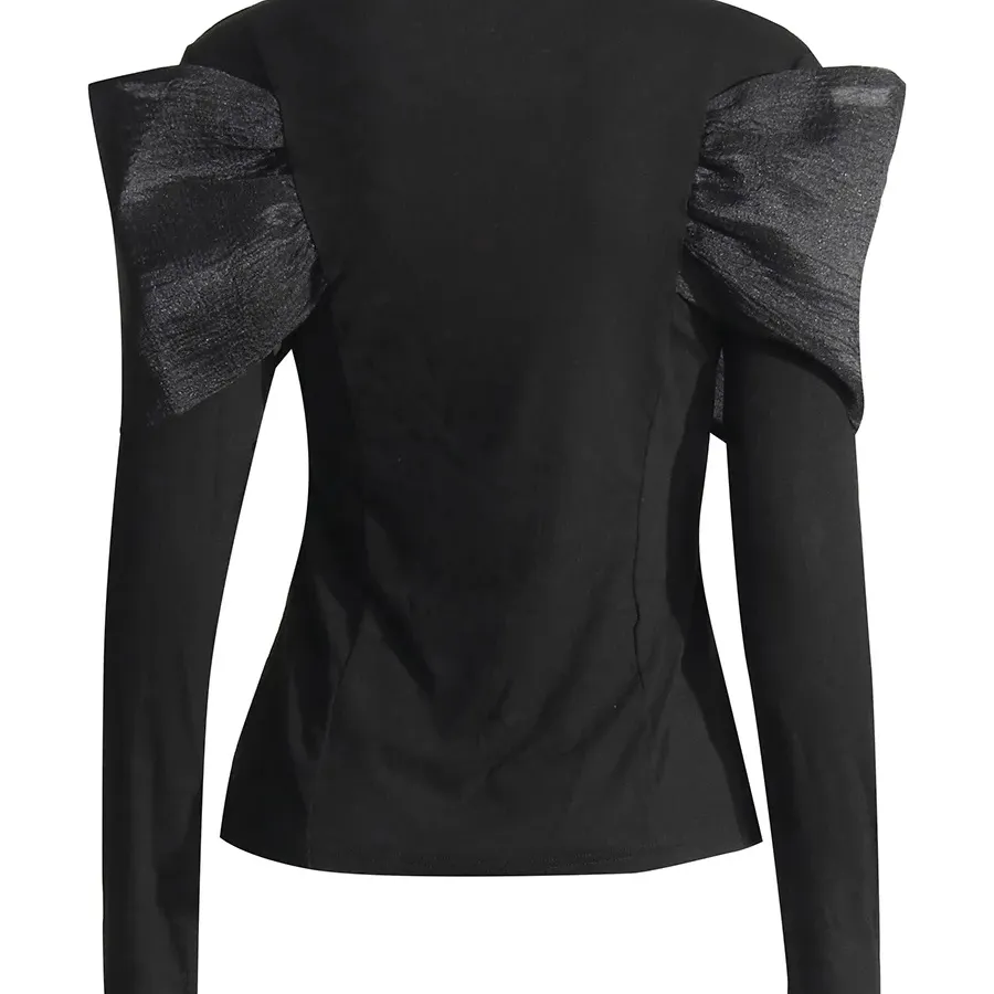 Moda tasarımı yuvarlak boyun çapraz yay sıkı sıska uzun kollu siyah kırpma üst T Shirt