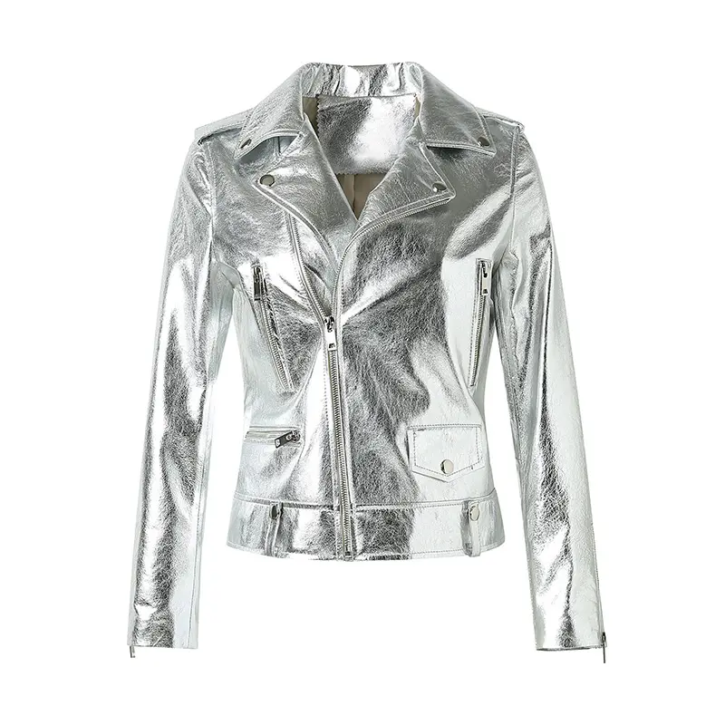 Winter Bright Silver Color Women Leather Coat Real Sheepskin Leather Motorcycle Jacket For Ladies