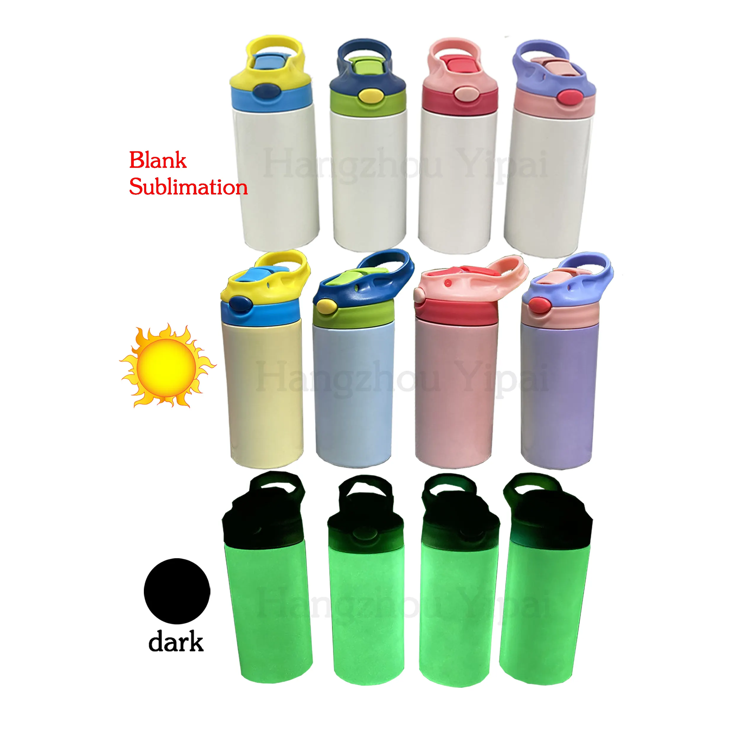 US WAREHOUSE 12oz sublimation Kids tumbler sunshine sensitive UV color change and glow in dark Vacuum Insulated Water bottle