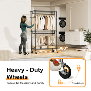 MZG Modern Heavy Duty Detachable Black 3 Tiers Carbon Steel Rolling Garment <b>Rack</b> Rods Side Hooks Storage Closet with Wheels - Product Image 6