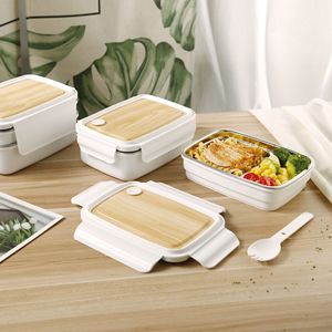 304 Stainless Steel <b>Lunch</b> <b>Box</b> Wood Grain Double Layer Bento <b>Box</b> For Students And Office Workers - Product Image 2