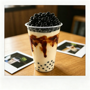 แก้วพลาสติก GREASOURCE รุ่นรักษ์โลก ขนาด 500 มล. ลายคาราเมล สำหรับชานมไข่มุก ขนาด 90 มม. ลายเครป พร้อมไข่มุกสีดำ สำหรับร้านกาแฟและของหวาน - Product Image 3