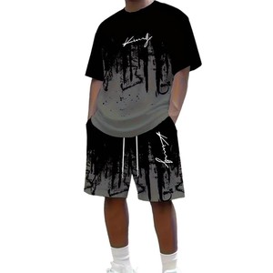 Conjunto de camiseta y pantalones cortos de punto estampado para hombre King, 100% algodón, transpirable, ropa casual con detección de aguja - Product Image 5