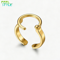 Bague ouverte double couche avec détail boule, plaqué or 18 carats, en acier inoxydable, réglable, bijoux minimalistes pour femmes et hommes