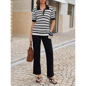 Fisoew Womens Striped Knit Polo Shirt Short Sleeve Collared Cotton Breathable Casual Summer <b>Top</b> Regular Fit - Product Image 5