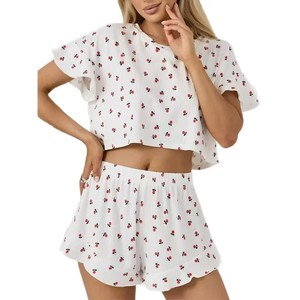 Completo due pezzi da <span class=keywords><strong>donna</strong></span> 2026 in stile europeo, alla moda, stampato, estivo, girocollo, a maniche corte, morbido e traspirante, con pantaloncini. - Product Image 1