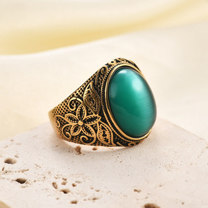 Stainless Steel <b>Ring</b> With Natural Stone Bezel Setting Flower Pattern For Women Jewelry Gift - Product Image 4