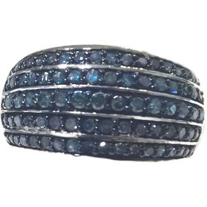 Ornaatis Blue Diamond <b>Dome</b> Wedding Band <b>Ring</b> 0.90 Cttw Round Cut Sterling Silver - Product Image 1
