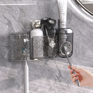 Ice Pattern Mouthwash Cup Set Transparent Double Cup Holder No Drill Wall Mounted Bathroom Storage Rack - Product Image 2