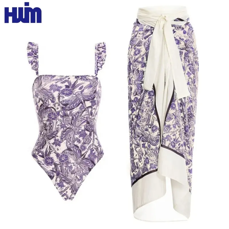 Beautiful 2 pieces Beachwear Set For Women Ruffled Straps Bathing Suit Sport Wear Floral Sublimated Girls Swimwear   Wrap Combo