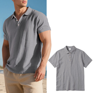 Men's Summer Tops Short-Sleeved Linen <b>Shirts</b> <b>Half</b>-<b>Button</b> Loose Breathable Casual <b>Shirt</b> with Lapel Collar - Product Image 4