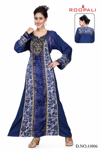Navy Blue Designer Kaftan with Fabric Mix N <b>Match</b> Jalabiya Elegant Modest Dress Stylish Printed Panel Design for Women - Product Image 4