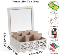 Boîte à thé en bois carrée de luxe moderne en gros d'usine, organisateur de sachets de thé en bois, 9 compartiments, couvercle transparent, rangement de cuisine