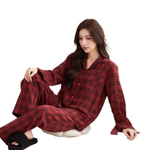 Christmas <strong>Thermal</strong> Pyjamas Family Gift Set Red Checkered Brushed Cotton V-neck Button <strong>Long</strong> <strong>Sleeves</strong> 180g Twill Casual <strong>Women</strong> Spring - Product Image 5
