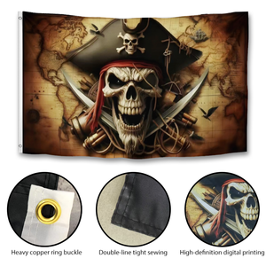 Grande bandiera Jolly Roger 36x60 pollici in poliestere 100D, doppia cucitura con occhielli in ottone |   Design con Spade Incrociate e Mappa Antica - Product Image 3