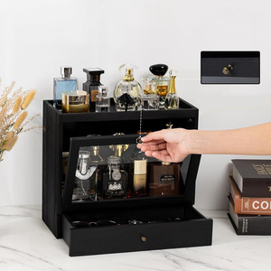 Wooden Desktop Cosmetic Storage Cabinet With Drawers 3 Layers Black <b>Makeup</b> Organizer For Perfume And Beauty Products - Product Image 1