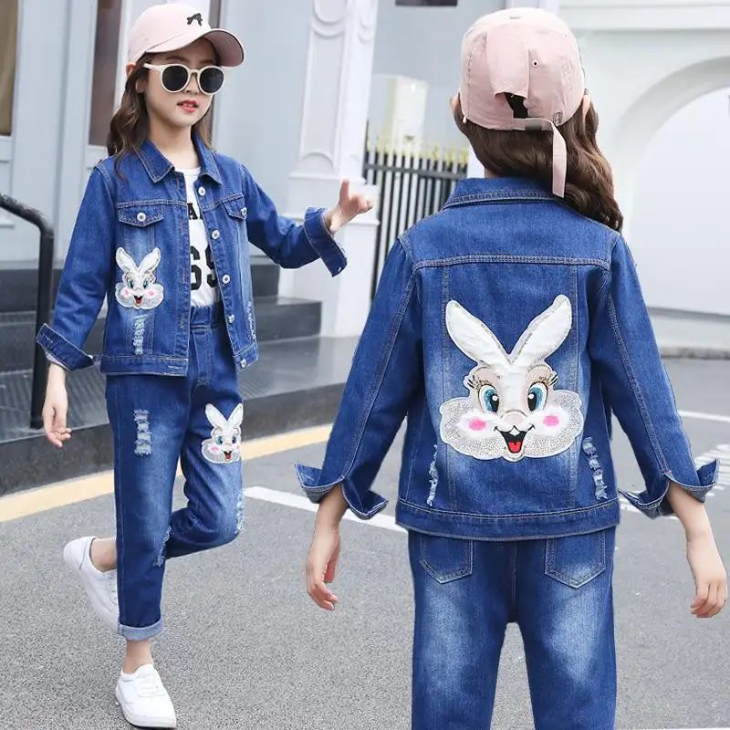 Setelan Jaket Denim Anak Perempuan, Pakaian Kasual Baru 2019 + Celana Panjang Besar Musim Gugur Cocok untuk Anak Perempuan 3 Hingga 12 Tahun