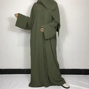 Kancing Abaya Kualitas Tinggi Crepe EID Wanita Muslim Sederhana Musim Gugur Musim Dingin Gaun Pakaian Islami Kantong Hijab Yang Cocok Kimono Abaya