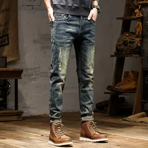 Calças antigas lavadas jeans vintage slim fit masculinas retas jeans de meia cintura