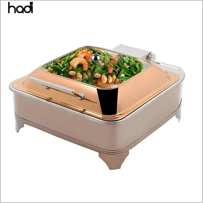 Hotel supplies wholesale catering serving dishes square buffet bain marie rose gold chaffing dish buffet food warmer