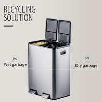 Poubelle de cuisine grande capacité 60L à double compartiment avec pédale, en acier inoxydable, pour tri sélectif