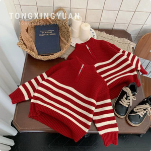 Tongxingyuan Childrens Sweater Red White Stripes Zipper Thick Cotton Winter Boys Knit Top New Year Outfit - Product Image 1