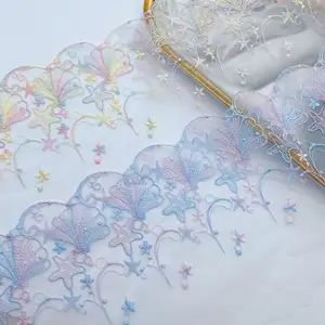 幅15.3cmポリエステルカラフルチュールソフト刺繍レーストリム生地スターメッシュレース女性用ドレス