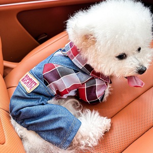 เสื้อผ้าสัตว์เลี้ยงขายส่ง ชุดสุนัขสี่ขาแบบสั่งทำพิเศษสำหรับฤดูใบไม้ผลิ กางเกงยีนส์ผ้าลูกฟูกแบบมีสายรัด ชุดจั๊มสูทสำหรับสุนัขพันธุ์เล็ก - Product Image 3