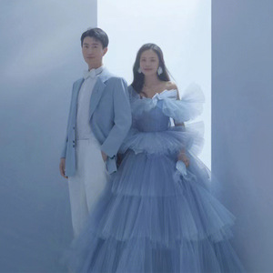 Strapless Light Wedding Dress Empire Waist Ball Gown Tulle Bright Steel Blue For Studio Photography Couple Portrait - Product Image 2