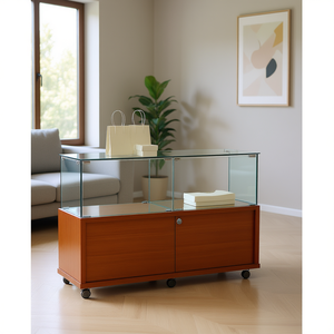 Vitrina moderna de cristal de 120x40x90cm con puerta con cerradura y ruedas, base de madera de cerezo, para almacenamiento en la sala de estar - Product Image 3
