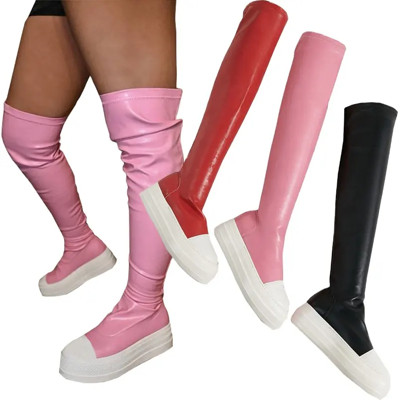 Botas femininas de cano alto, botas femininas de outono e inverno, com cano alto, plataforma, salto grosso, 2022