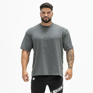 Logotipo personalizado a granel liso gimnasio deportes camisetas impresión personalizada suelta fuera del hombro hombres camiseta verano algodón cuello redondo hombres Top Tee 2022 - Product Image 5