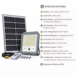 500W IP65 <b>Solar</b> Security Flood Light <b>Camera</b> Aluminum Spotlight Waterproof Outdoor Garden Landscape Road Light 6500-7500K 2535lm - Product Image 3