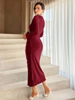 Gaun Midi Chiffon Wanita Model Eropa Gaya Pesta Lengan Terompet Desain Ruffle Slim-fit Rok Panjang Produksi Pabrik