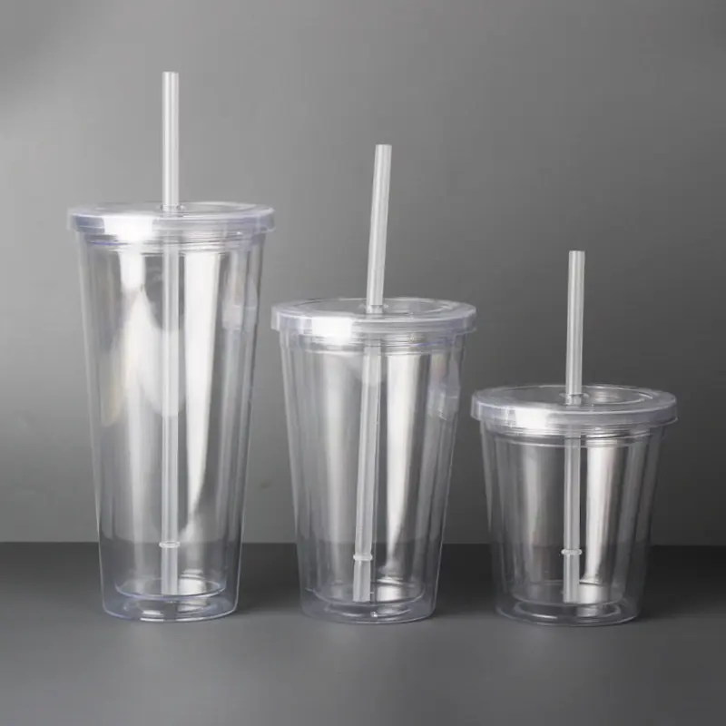 Clear Insulated Plastic Double Wall Cup Reusable Cold Drink Juice Cup With Flat Lid Double Layer Straw